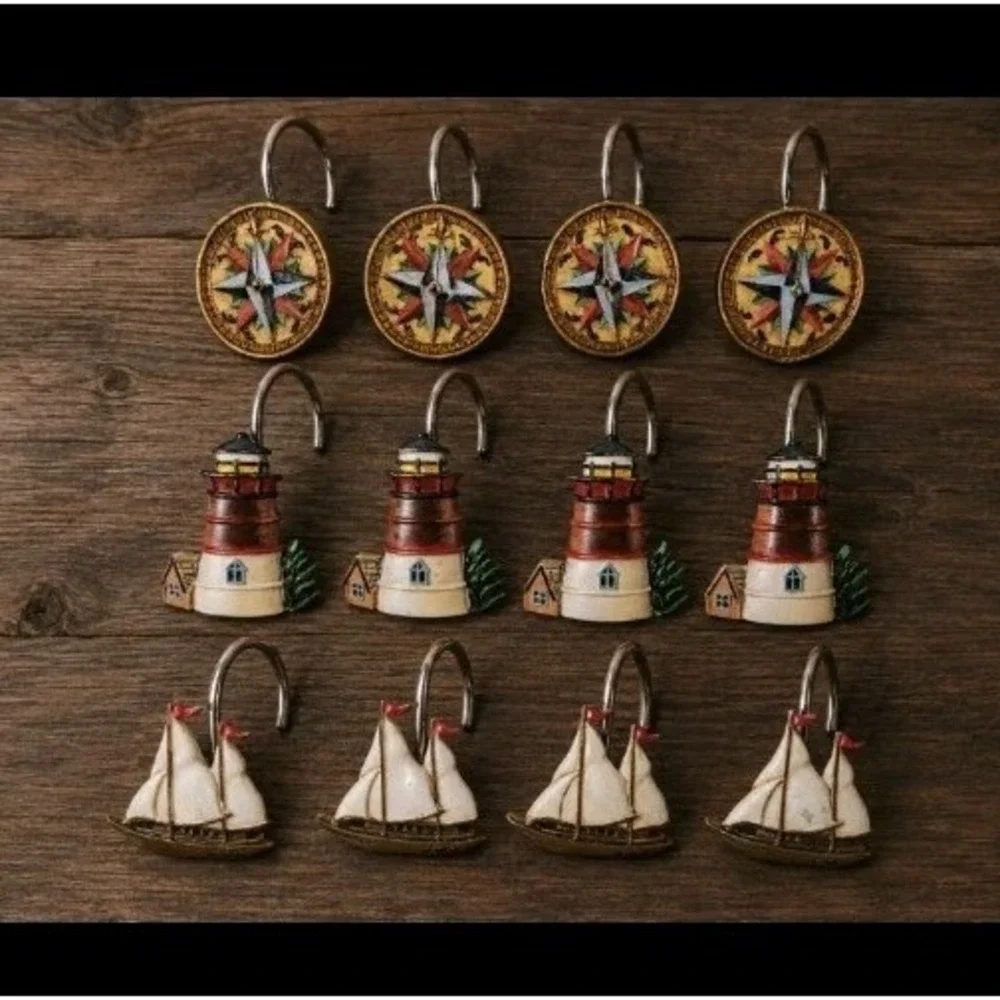 12 Nautical Shower Curtain Hooks Beach House Decor Ship Compass Lighthouse